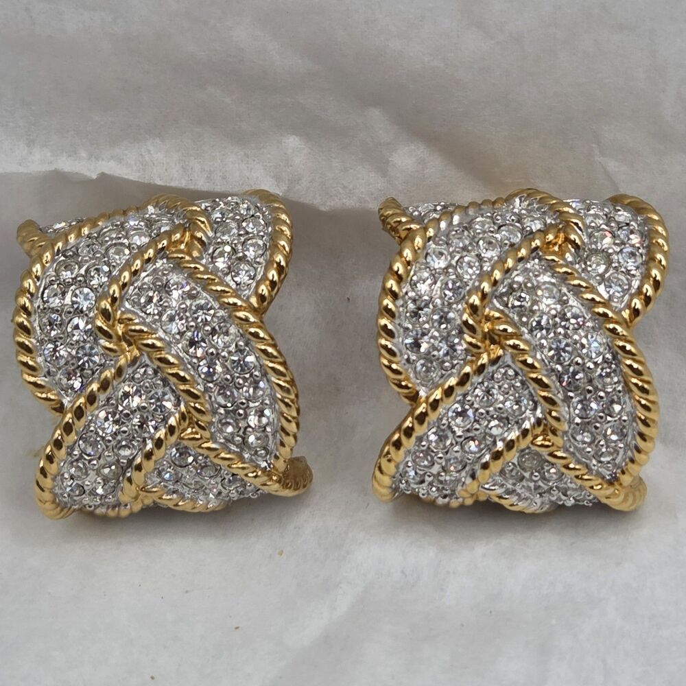 Vintage 1980s J.L. Aldencamp Gold Plated Pavé Crystal Clip Earrings - Signed